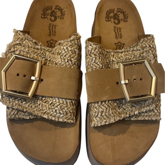 FANTASY SANDALS Tan and Gold Comfort Sandals with Metallic Straps - Picture 1 of 15